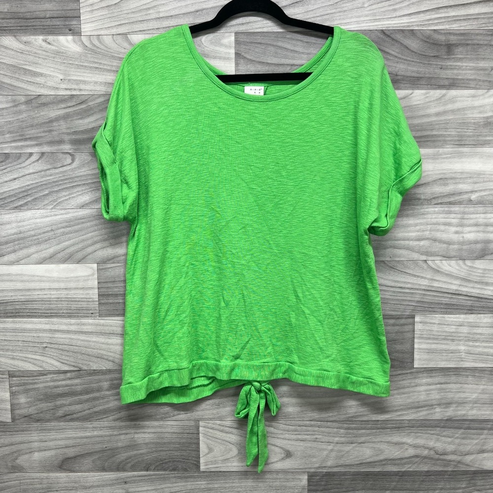 A New Day Blouse Women's XL Green Short Sleeve Slit Back Stretch Knot Hem Top